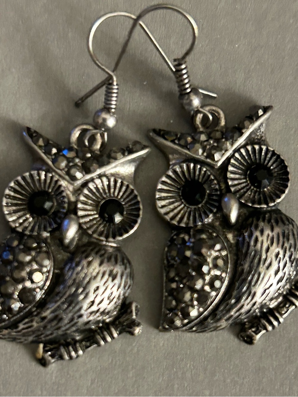 Earrings Owls Marcasite stones, black crystal eyes silvertone pierced drop hook